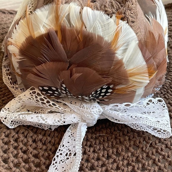 Vintage Handmade Crochet Feathers And Lace Hat Brown Women\'s OS main image 12